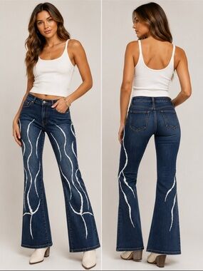 Azzure Denim Dark Wash White Abstract Embroidered Flare Jeans Size 29